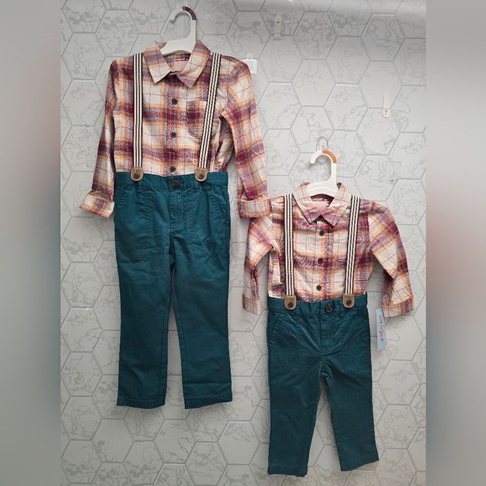 Cat & Jack Toddler Boys' Plaid Button-Down Shirt and Suspender Pants Bundle of 2